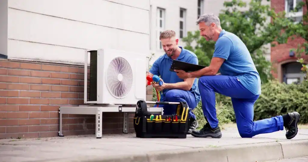 Deux techniciens omeo posant une pompe à chaleur