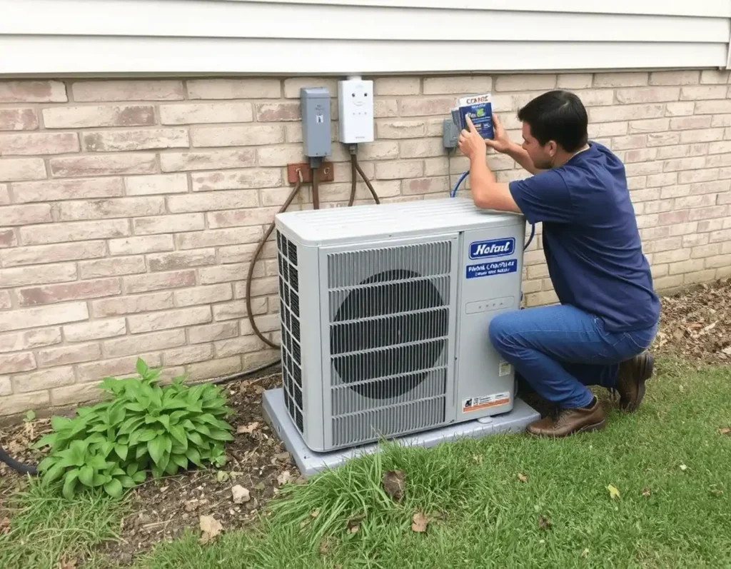 technicien rge en train d'installer une pompe a chaleur air eau