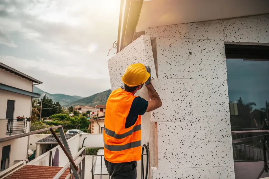 technicien qui réalise une isolation thermique par l'extérieur